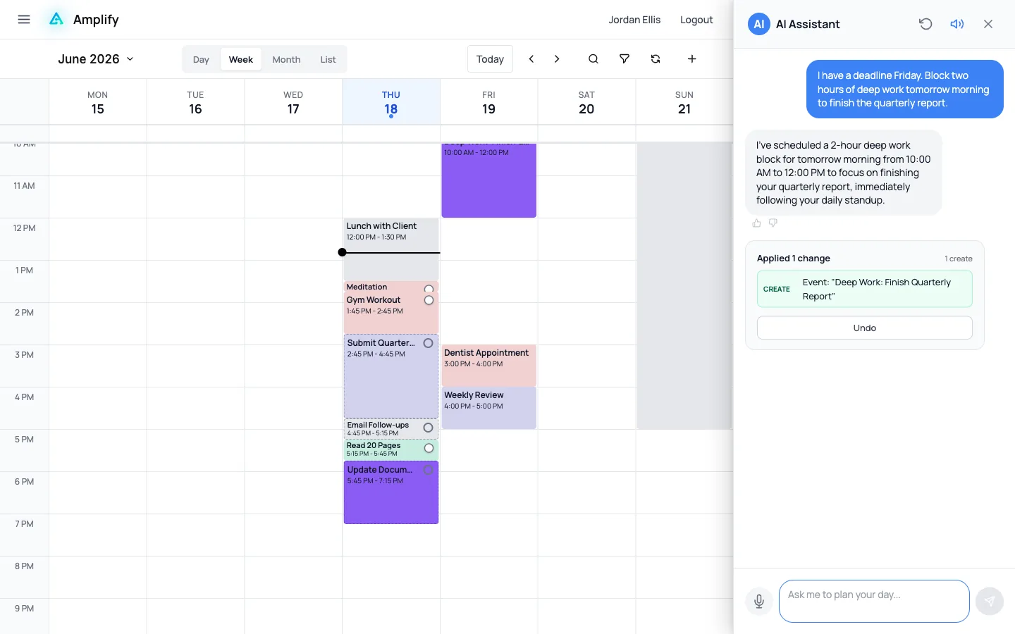 Amplify's AI assistant blocking deep-work time around an existing schedule