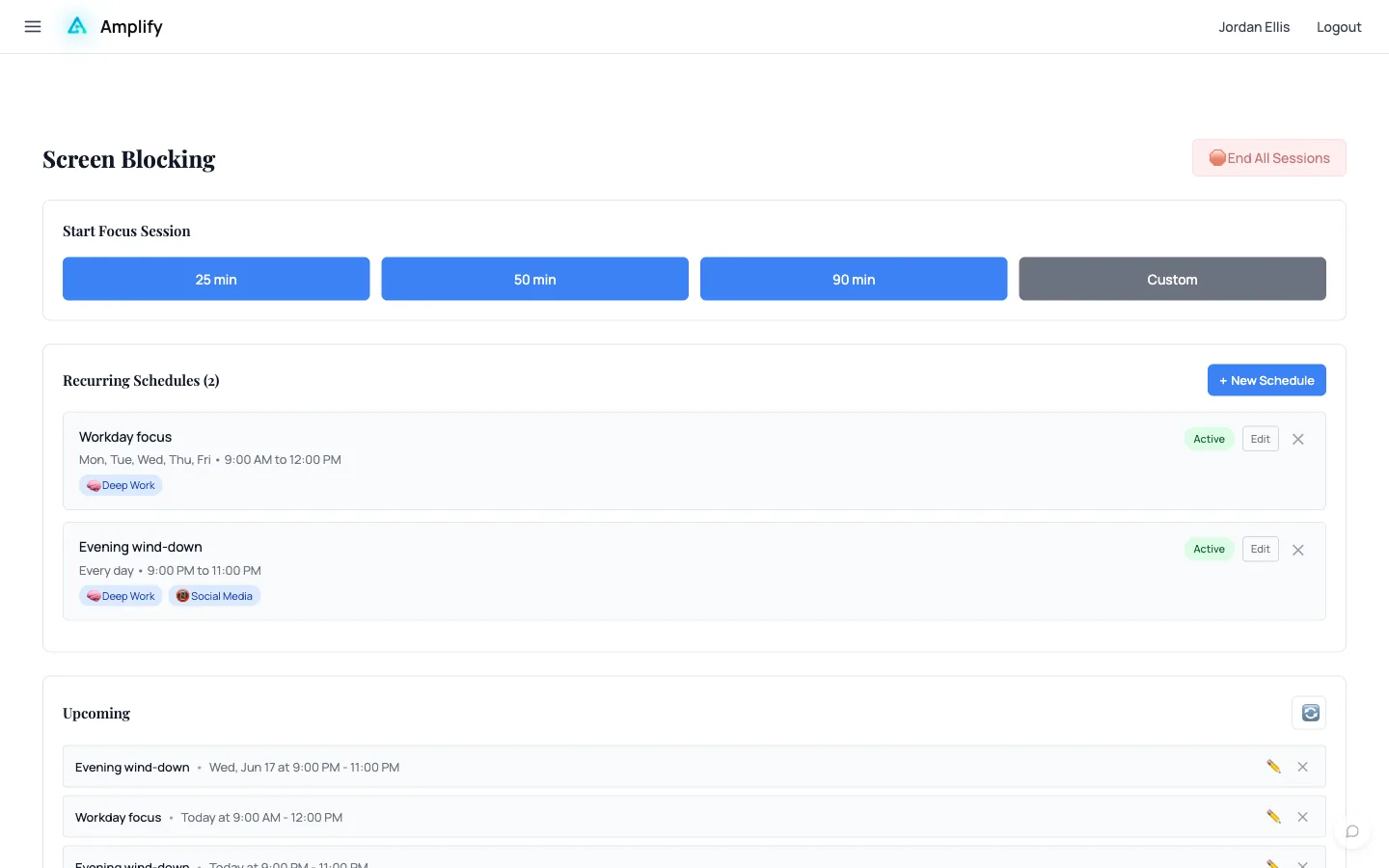 Amplify screen-blocking schedules that lock out distracting apps during focus time
